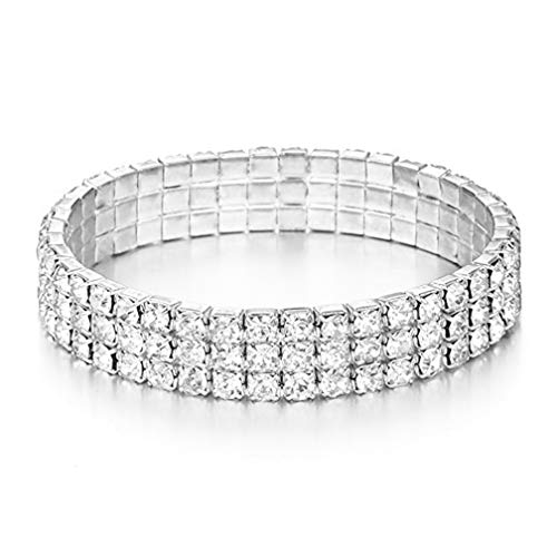 Mooinn Crystal Teenis Bracelet Silver Tone Rhinestone Stretch Wrists Bracelets Jewelry for Women 3 Row