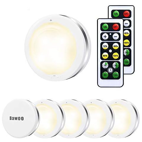 Under Cabinet Lights, Bawoo Wireless LED Puck Lights Remote Control, 4000K Natural White Brightness Dimmable Battery Powered Touch Closet Cupboard Kitchen Wardrobe Lights, 6 Pack (White) Cover