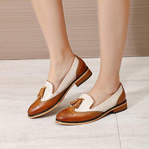 Image of Mona flying Women's Leather Tassel Loafers Slip on Brogue Flat Office Shoes