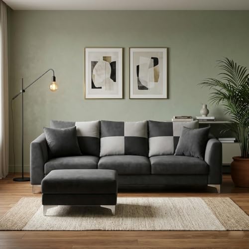 Image of Romeo Rich 4 Seater L Shape Sofa Set with Movable Ottomans | Flexible Layout | Velvet Suede Fabric | Golden Aesthetic Legs | Modern Sofa for Living Room (Dark Grey)