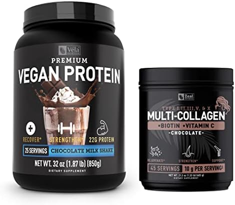 Premium Multi Collagen Peptides Protein Powder (1, 2, 3, 5 & 10) with Vitamin C, Biotin, Hyaluronic Acid, for Hair Skin and Nails+ Véla Vegan Plant Protein Chocolate | 25 Servings with Vegan BCAAs Gre