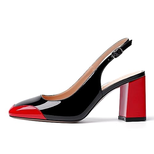 MODENCOCO Womens Buckle Party Square Toe Comfortable Fashion Slingback Patent Block High Heel Pumps Shoes 3.3 Inch2