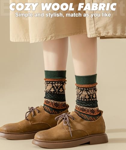 Image of IIG 5 Pairs Womens Pretty Vintage Wool Socks Unique Print Design Soft Cozy Warm Crew Socks Christmas Gift