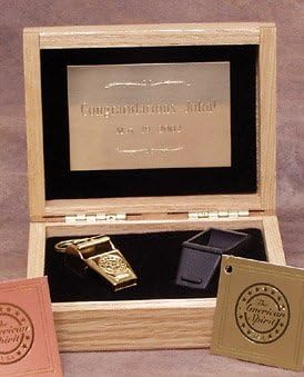Gold Colored Brass Award Whistle with Safe-T-Tip in a Wooden Gift Box. Made in The USA!
