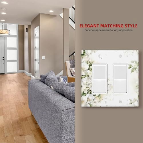 Decorative Outlet Covers Rustic Ink Green Leaves White Florals Flower 2 Gang Light Switch Cover Plate Double Rocker Wall Plate Switch Plate Covers Faceplate for Bedroom Home Decor