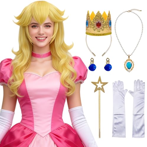 Juziviee 7 Pieces Women Long Blonde Peach Princess Cosplay Costume Wig with Crown & Accessories Set for Adults Halloween Anime Party Birthday - Pre-cut Bangs & Soft Thick Hair & Heat Resistant JZ047