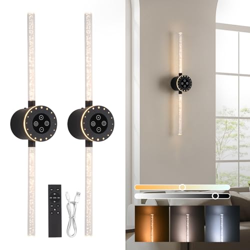 Image of Wireless Wall Sconces Set of 2, Black Battery Operated Wall Lamps with 8000mAh Battery, Rechargeable Dimmable LED Wall Lights, Touch /Remote Control, 360Rotate, 22.5 Inch