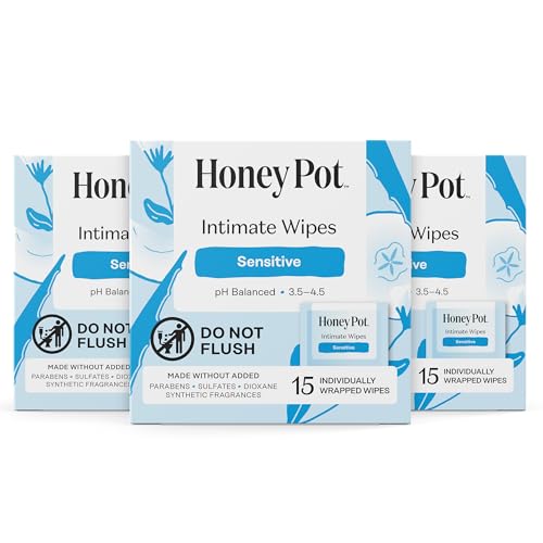 The Honey Pot Company - Feminine Wipes - Sensitive - Individually Wrapped - pH Balancing Herbal Infused Plant-Based Feminine Care - Great for Travel & Period Kits - 15ct (Pack of 3)