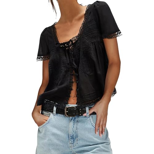 Image of YILEEGOO Women Lace Trim Shirt Short Sleeve Tie Up Front Button Down Blouse Loose Elegant T-Shirt Going Out Tops (Black, L)