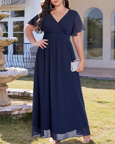 Plus Size Formal Dresses - V Neck Flutter Sleeve Glitter Prom Evening Gowns Wedding Guest Chiffon Long Maxi Dress4
