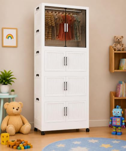 Image of Plastic Wardrobe for Cloths | 4 Layer Stackable Almirah with Hanging Rod, Transparent Doors, Wheels | Foldable Storage Cabinet Organizer for Clothes /Books /Toys