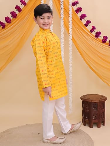 Image of AJ DEZINES Boys Cotton Full Sleeve Letter Printed Kurta Pajama Set for Kids - Ethnic wear | Special Occasion & Traditional Outfit |Boys Kurta Set - Regular Fit