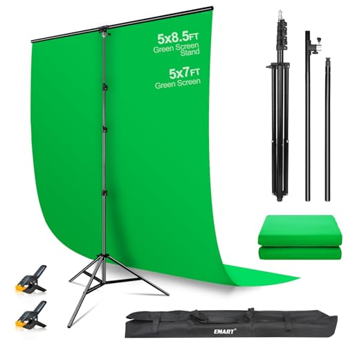 EMART - EMART 5 x 8.5ft Green Screen Backdrop Kit with More Stable T-Shaped Stand and 5 x 7ft Fabric, Portable Back Drop Kit with Clamps & Carrying Bag for GamingVideo Conference, Photographic Studio