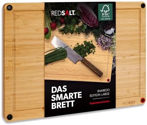 REDSALT® innovatives Bio Bambus Holz Schneidebrett rutschfest | 42x30x2,5cm groß Holzbrett beidseitig verwendbar tiefe Saftrille FSC zertifiziert Schneidbrett Küche Grill Geschenk nachhaltig