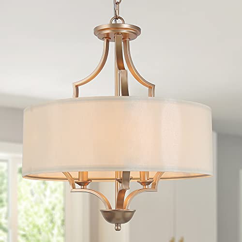 Durent Lighting Gold Chandelier, 3-Light Modern Drum Hanging Pendant Lighting Fixture with White Fabric Shade for Bedroom, Dining Room, Kitchen, Foyer and Living Room