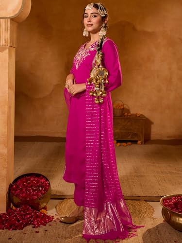 Image of Naixa Women's Viscose Silk Embroidered Straight Kurta with Pant | Viscose Jacquard Dupatta Set | Full Sleeve | V-Neck | Festive (Available in Plus Size)