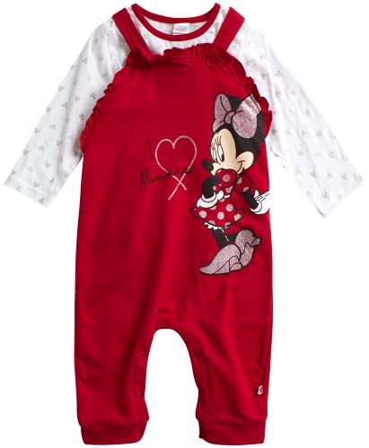 Disney Baby Girls Minnie Mouse 2 Piece Overall Set - Fleece Romper Long Sleeve T-Shirt Set (Newborn Infant), Apple Red White, Size 18M