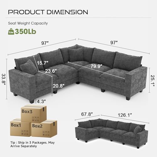 Image of 97 inch L Shaped Sectional Couch, Comfy Chenille Cloud Couch, 5 Seat Modular Cloud Sofa with 2 Pillows & Storage Armrests, Convertible V Shaped Corner Couch, Sectional Couches for Living Room, Grey