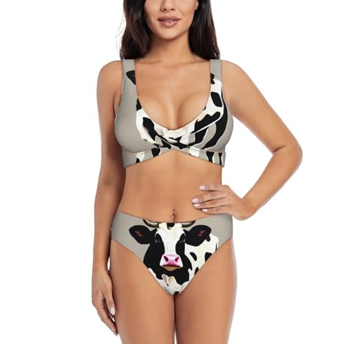 Maillot de bain 2 pièces pour femme taille haute : bikini pois noirs effet ventre plat