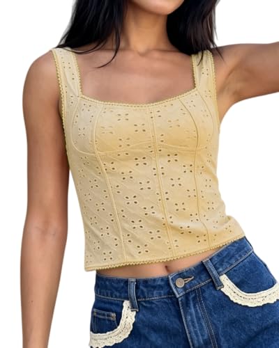 Y2k Eyelet Tank Tops Free Dupes People Bustier Cami Top Yellow
