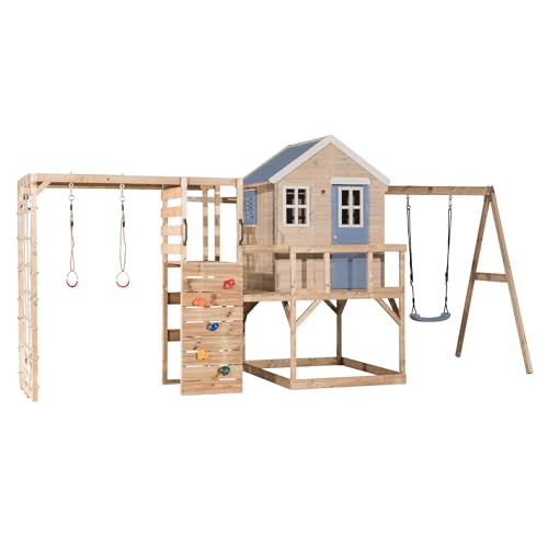 Wendi Toys M23-G Spielhaus auf Stelzen mit Rutsche, Kletternetz, Outdoor Stelzenhaus Holz Kinder 197×508×242 cm, mit Schaukel, Leiter