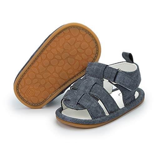 HsdsBebe Baby Boys Girl Sandals PU Leather with Grippers Soft Rubber Sole Anti-Slip Newborn Summer Beach Infant Dress Outdoor First Walking Shoes(Z1319 Dark Grey,1)