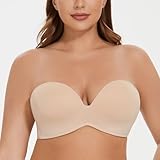 MELENECA Women's Wirefree Plus Size Anti-Slip Padded Push Up Strapless Bra Beige 46DD - Image 5