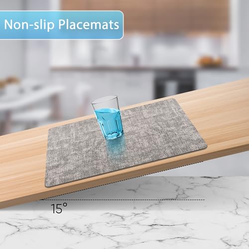 Placemats Set of 6 Washable, Heat Resistant Table Placemats Wipeable Faux Leather Place Mats Non Slip, Waterproof Square Table Mats for Indoor Outdoor, Light Grey