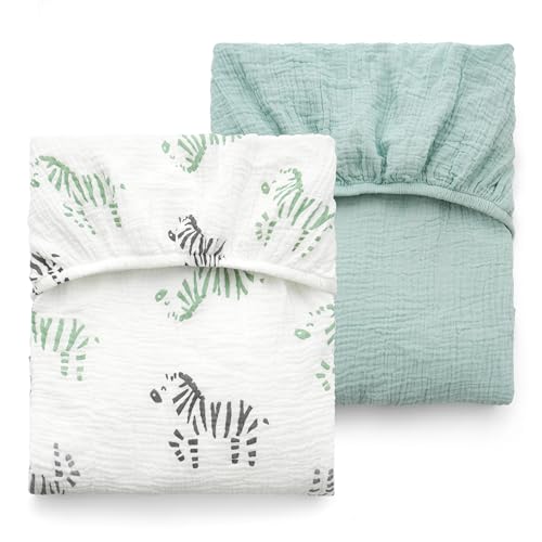 Image of Momcozy Muslin Standard Fitted Crib Sheets, 52"x28", 2 Pack Soft Breathable Natural Cotton Baby Mattress Sheet, 360° Mattress Wrapping No Slip Boys Girls Neutral Toddler Bed Sheet, Bravery Zebra