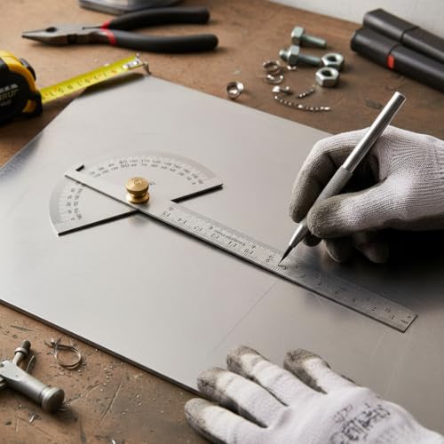 Image of Professional Stainless Steel Angle Finder & Protractor Ruler (0-180 Degree, 6-Inch / 150mm Scale) - Metal with Adjustable Locking Arm Screw for Woodworking, Engineering, Drafting & DIY