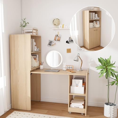 Folding Out Desk with Storage Shelves, Expandable Hidden Computer Desk, Foldable Space-Saving Pull Out Murphy Table, Writing Table with Wheels for Home Office Bedroom Small Spaces (Natural Wood.)