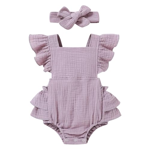 Image of YOUNGER TREE Toddler Baby Girl Ruffled Sleeveless Romper Casual Summer Jumpsuit Cotton Linen Clothes