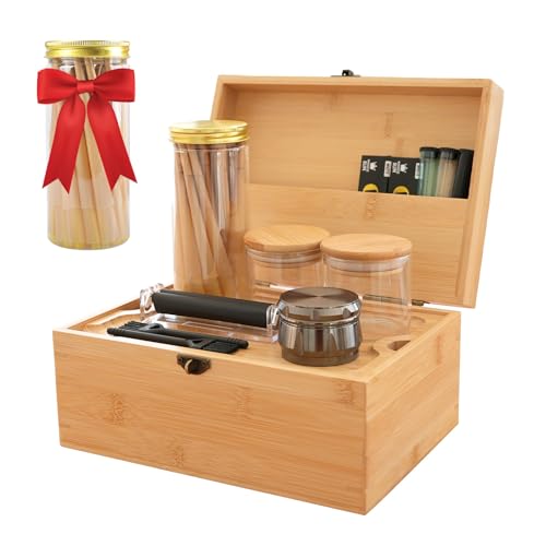 Coozyupper Large Bamboo Storage Box with Removable Tray Kit - Decorative Box Set, Glass Jars, and...