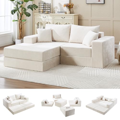Image of 79 inch Boneless Cloud Loveseat Sofa Couch, Modular Foldable Floor Sofa with Ottoman, Chenille Lounge Convertible Sofa Bed for Living Room, No Assembly, Beige