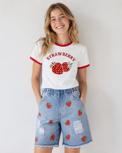 Image of Azmxynol Tween Girl Clothes Summer 2 Piece Outfit Set Trendy Tee Shirt + Denim Shorts, Size 7-16 Years
