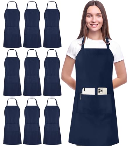Utopia Kitchen 10 Pack Bib Apron Unisex Adjustable Aprons with 2 Pockets Waterdrop Resistant Cooking Kitchen Chef Apron for Men Women Navy