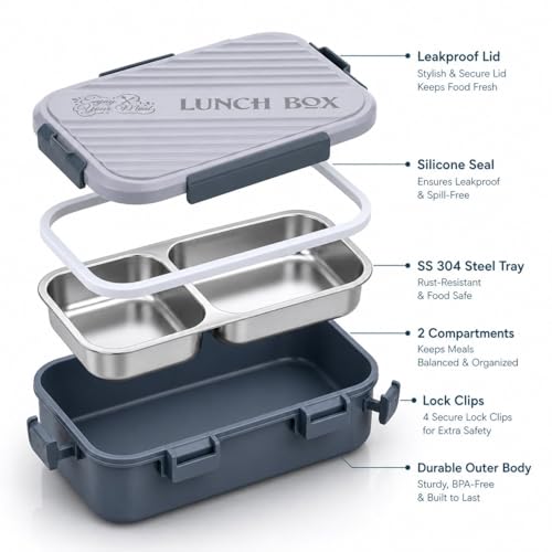 Image of Insulated Stainless Steel Lunch Box with Textured Lid | 3 Compartments | 525ml | BPA Free | Leakproof | Microwave Safe Without Lid | Bento Tiffin Box for Office School Travel (Dark Teal, 2)