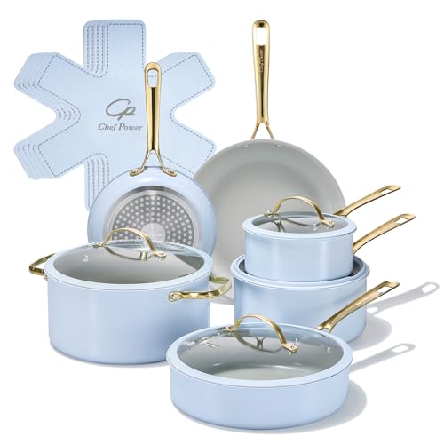 Chef Power Ceramic Cookware Sets, 15Pcs Pots and Pans Set Non Stick, Cookware Set with Stainless Steel Handle, Dishwasher & Oven Safe, Light Blue and Granite Grey - image 1