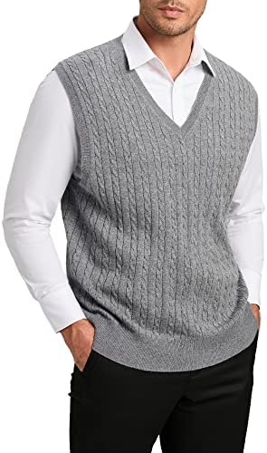 Kallspin Men's Cable Knit Wool Blended Sweater Vest V Neck Relaxed Fit Sleeveless Pullovers Light Grey X-Large