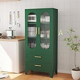 PAOFIN Kitchen Pantry Storage Cabinet with 2 Acrylic Doors, 2 Drawers,2 Adjustable Shelves, freestanding Cupboard Versatile Metal Storage for Office, Laundry,Dining Room or Living Room (61' Green)