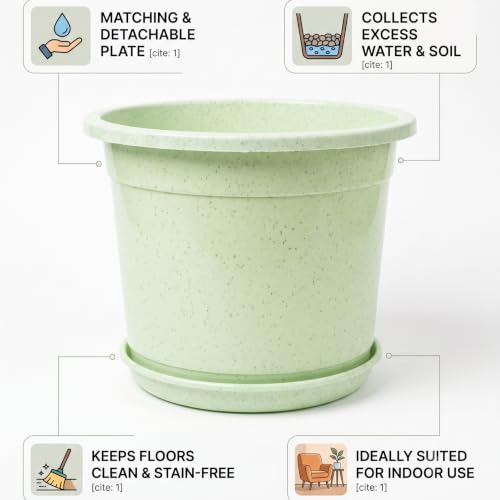 Image of 12 Inch Glossy Plastic Planter with Bottom Plate | Heavy Duty Flower Pot with Tray for Indoor Home Decor, Balcony, Living Room & Outdoor Garden (4 Pot, Mint Sparkle)