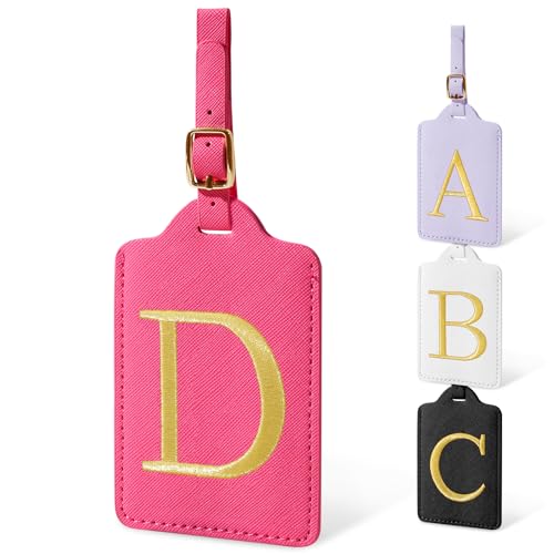 Image of Initial Letter Luggage Tags for Suitcases, Embroidered Monogrammed Suitcase Luggage Identifier Name Tag, PU Leather TSA Approved Luggage Tags, Bag Tags for Men Women Kids Luggage Handbags(Rosered D)