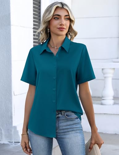 Image of Zeagoo Button Down Shirts for Women Short Sleeve Collared Tops Dressy Casual V Neck Blouses