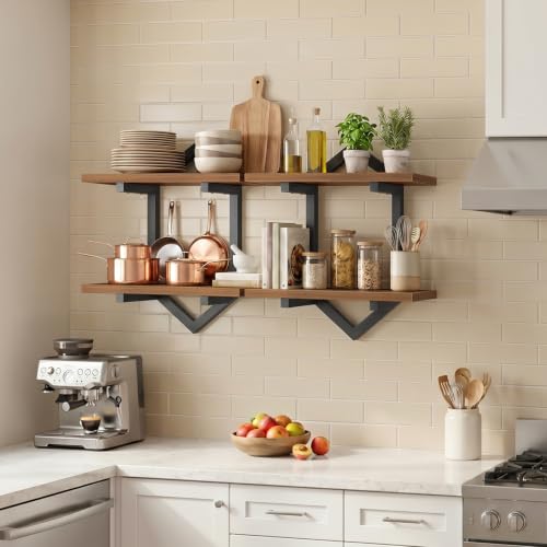 Image of HOOBRO Floating Shelves for Wall, Set of 2 Wall Shelf, 15 inch Hanging Shelves | 2-Tier Wall Mounted Storage Shelves, for Living Room Bedroom Kitchen Office Study Bathroom Wall Decor, Walnut and Black
