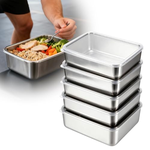 Paquete de 5 cajas de alimentos de acero inoxidable para nevera, 18 x 12,8 x 5, recipientes congeladores de acero inoxidable con tapa, recipientes de almacenamiento de alimentos con tapa, caja