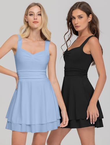 Image of IWD Women's Square Neck Sleeveless Mini Dress Ruched Waist Tiered Ruffle Hem A Line Short Dresses