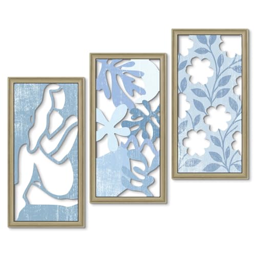 Putuo Decor Boho Floral Wall Art, Minimalist Blue Flower Botanical Wooden Wall Decor with Women Figure Patterns, Modern Aesthetic Print Art for Bedroom Bathroom Living Room Office Set of 3