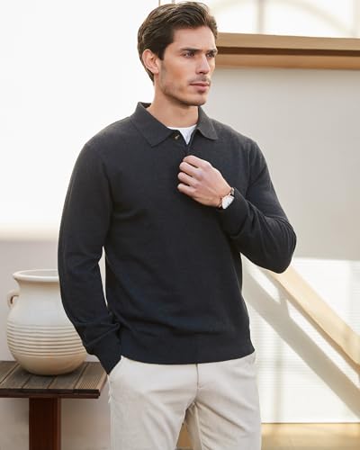 Image of Kallspin Mens 100% Cotton Polo Sweater Long Sleeve Button Down Knit Pullover Relaxed Fit Collared Casual Tops