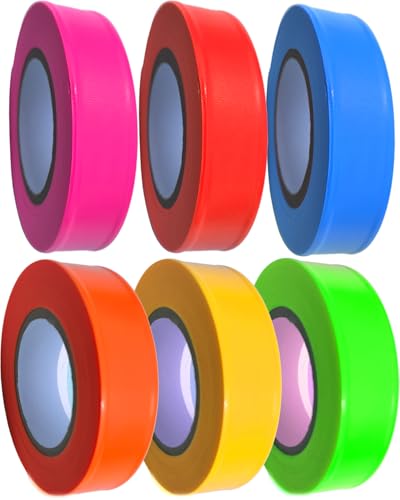 NXRACSH Assorted Colors Flagging Marking Survey Tape Non-Adhesive Hi-Vis 6 Rolls Plastic Ribbon Outdoor Fade-Resistant for Surveyor Tree Hunting Trail Boundaries & Hazardous Areas Workplace(1 x600)