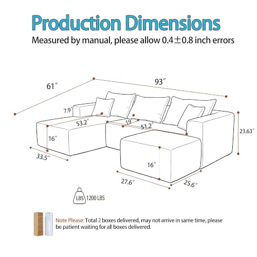 Image of 93 inch U-Shaped Boneless Couch, Corduroy Cloud Couch Sectional with Chaise and Ottoman, Deep Seat Modular Sectional Sofas for Living Room, No Assembly - Beige (Left Facing Chaise)